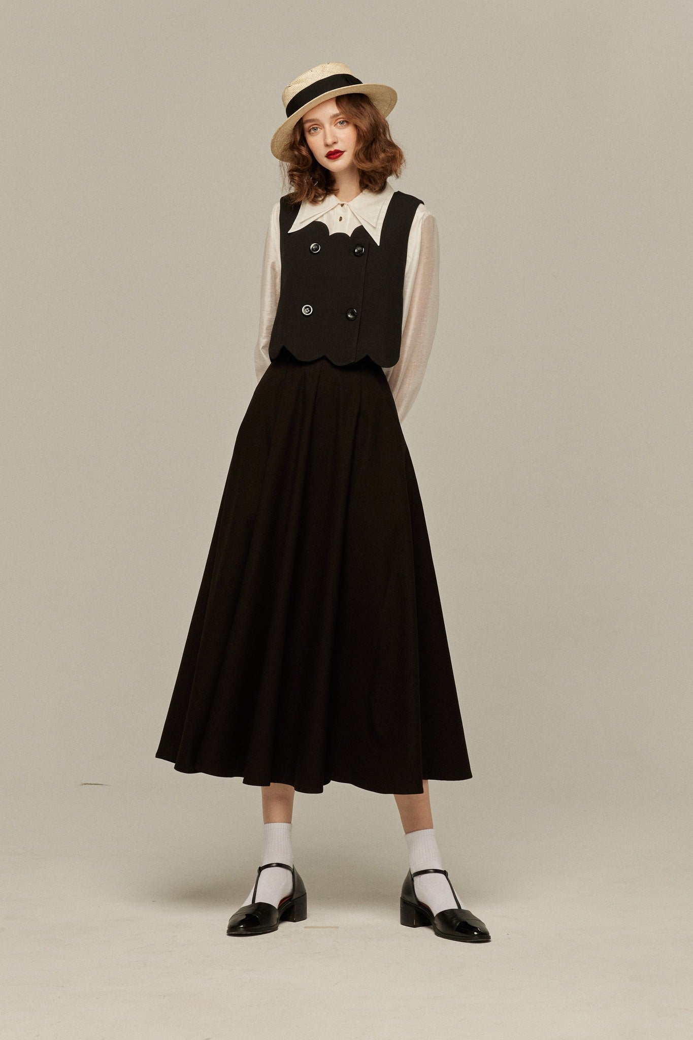スカラップデザインダブルブレストベスト-Black