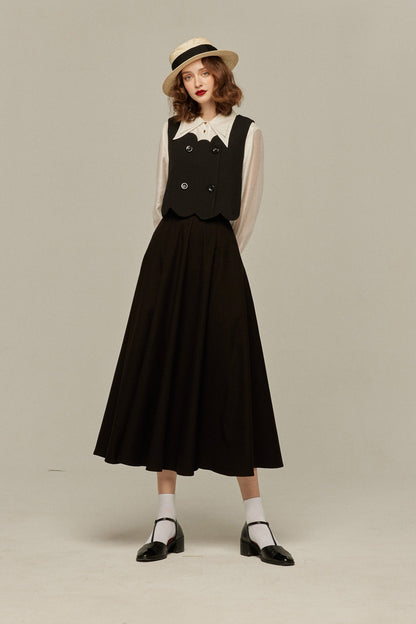 スカラップデザインダブルブレストベスト-Black