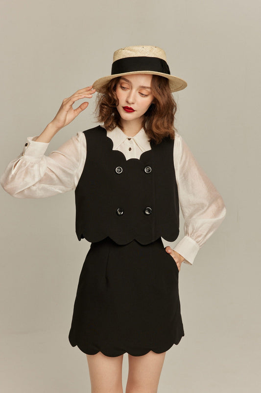 スカラップデザインダブルブレストベスト-Black