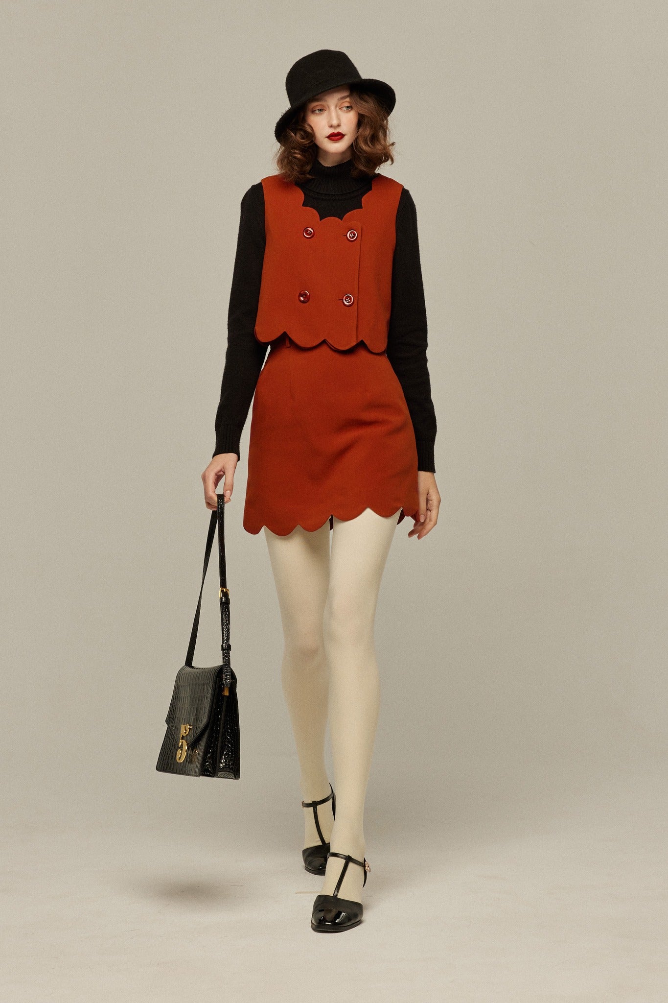 スカラップデザインショートスカート-Orange red