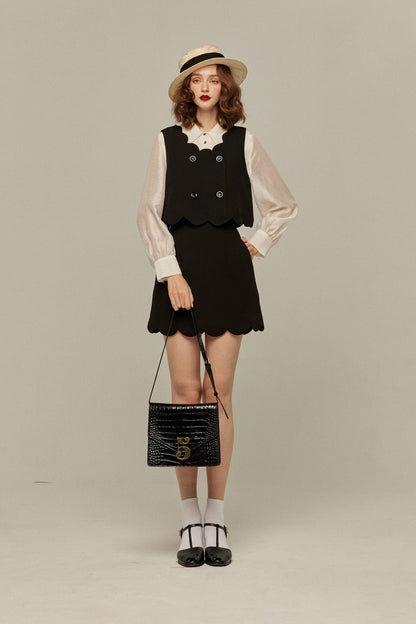 スカラップデザインダブルブレストベスト-Black