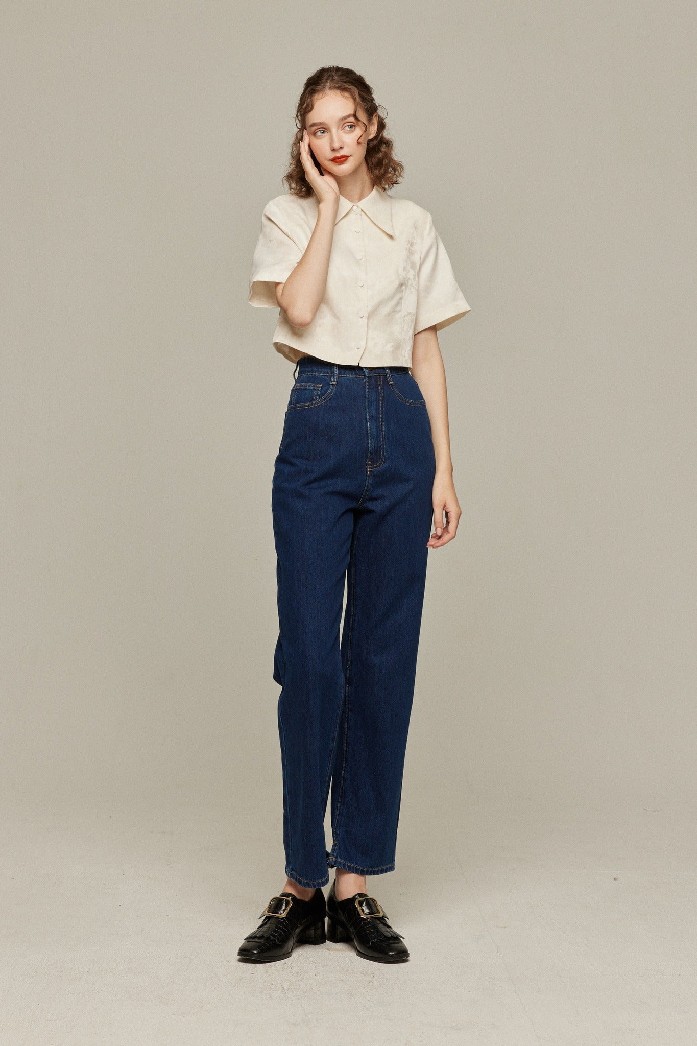 ハイウエストストレートデニムパンツ-Navy
