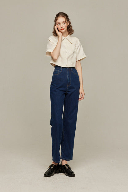 ハイウエストストレートデニムパンツ-Navy