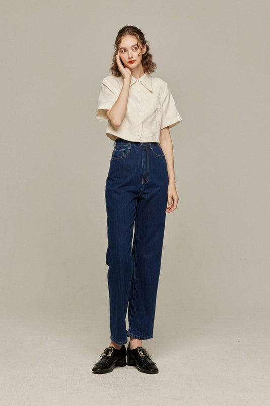 ハイウエストストレートデニムパンツ-Navy