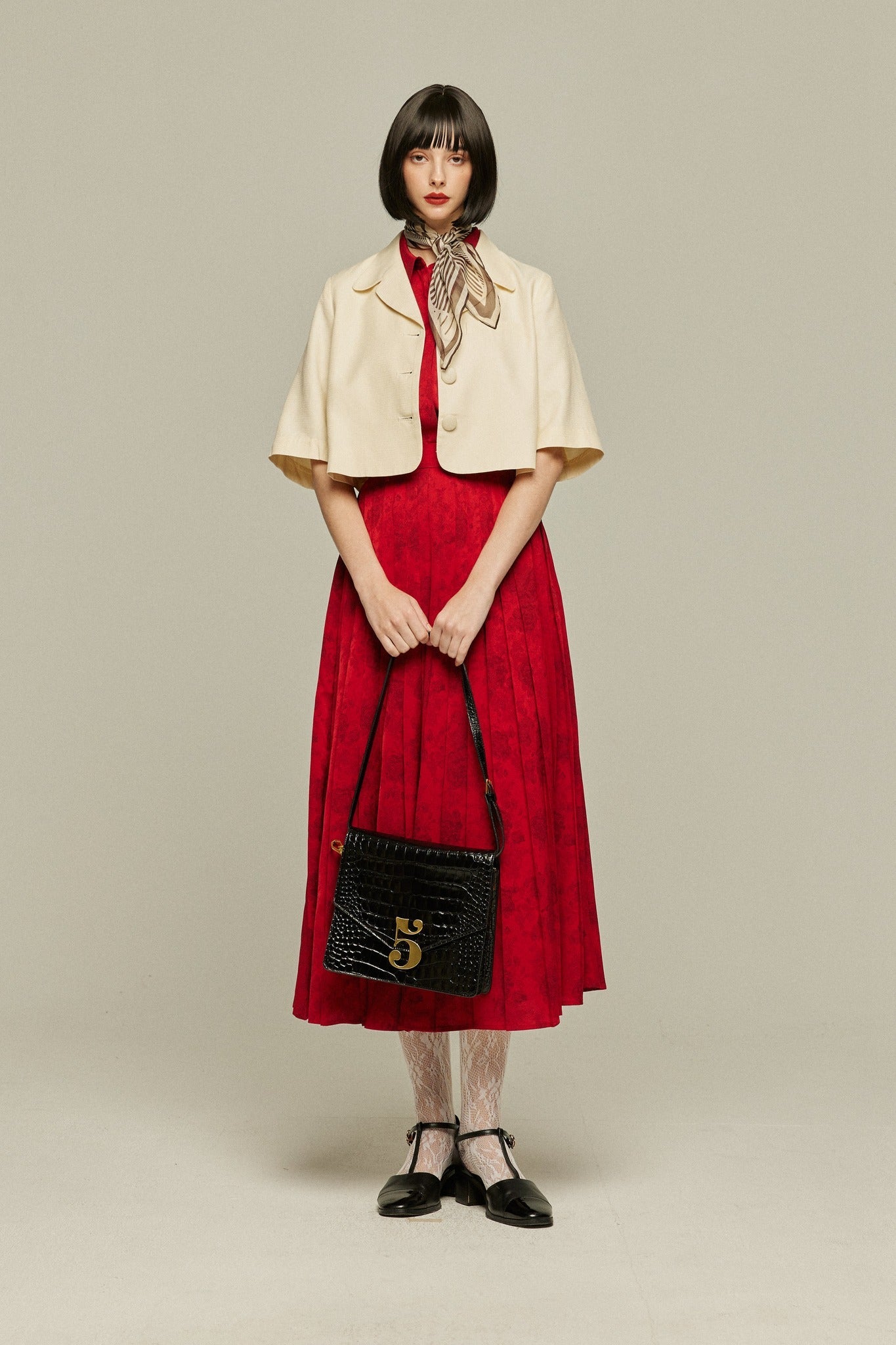 シノワズリハイウエストプリーツスカート-Red