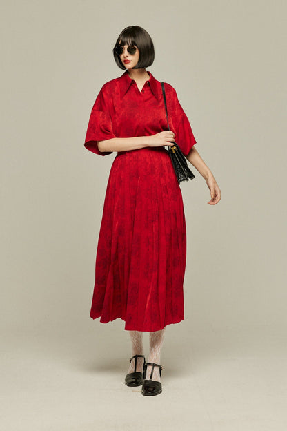 シノワズリハイウエストプリーツスカート-Red