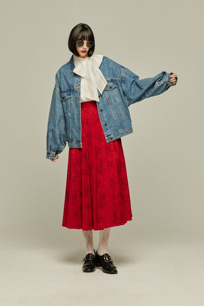 シノワズリハイウエストプリーツスカート-Red