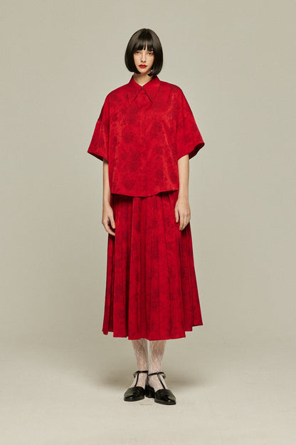 シノワズリハイウエストプリーツスカート-Red