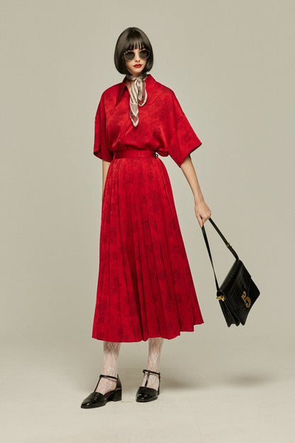 シノワズリハイウエストプリーツスカート-Red