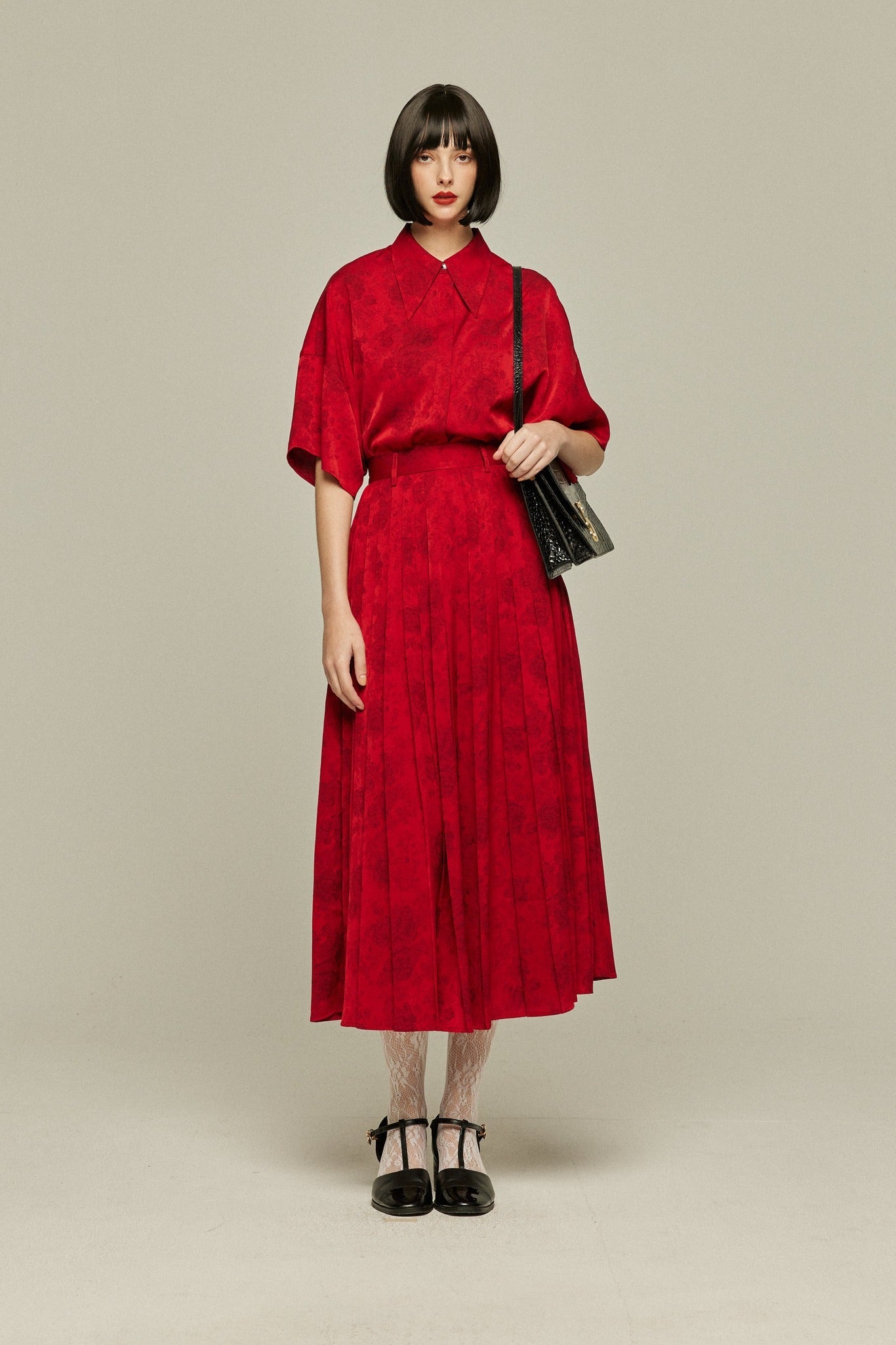 シノワズリハイウエストプリーツスカート-Red