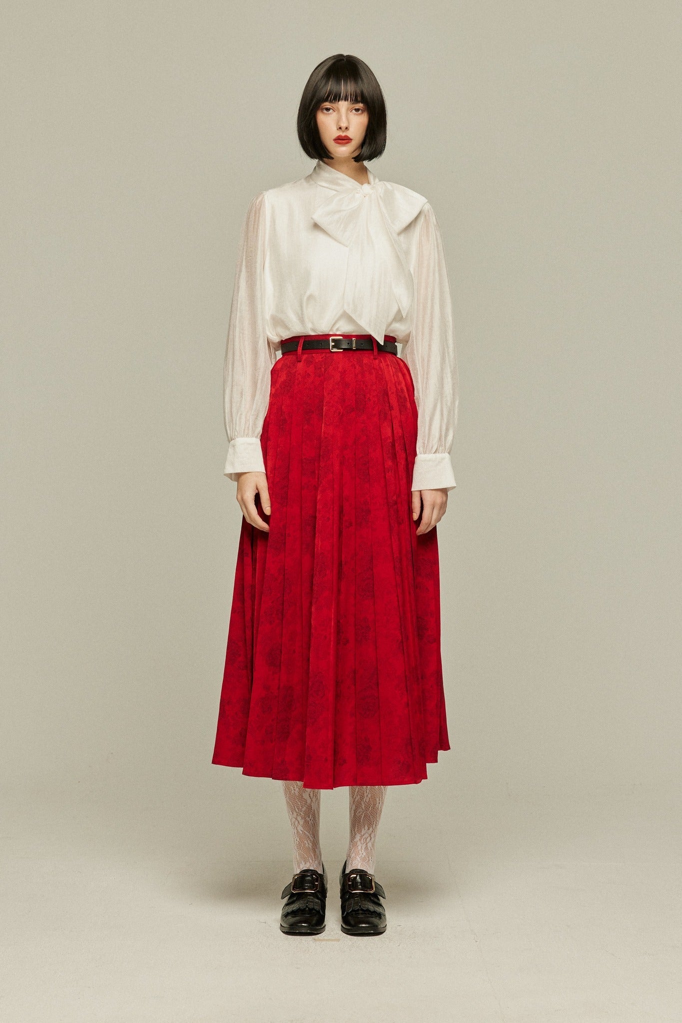 シノワズリハイウエストプリーツスカート-Red