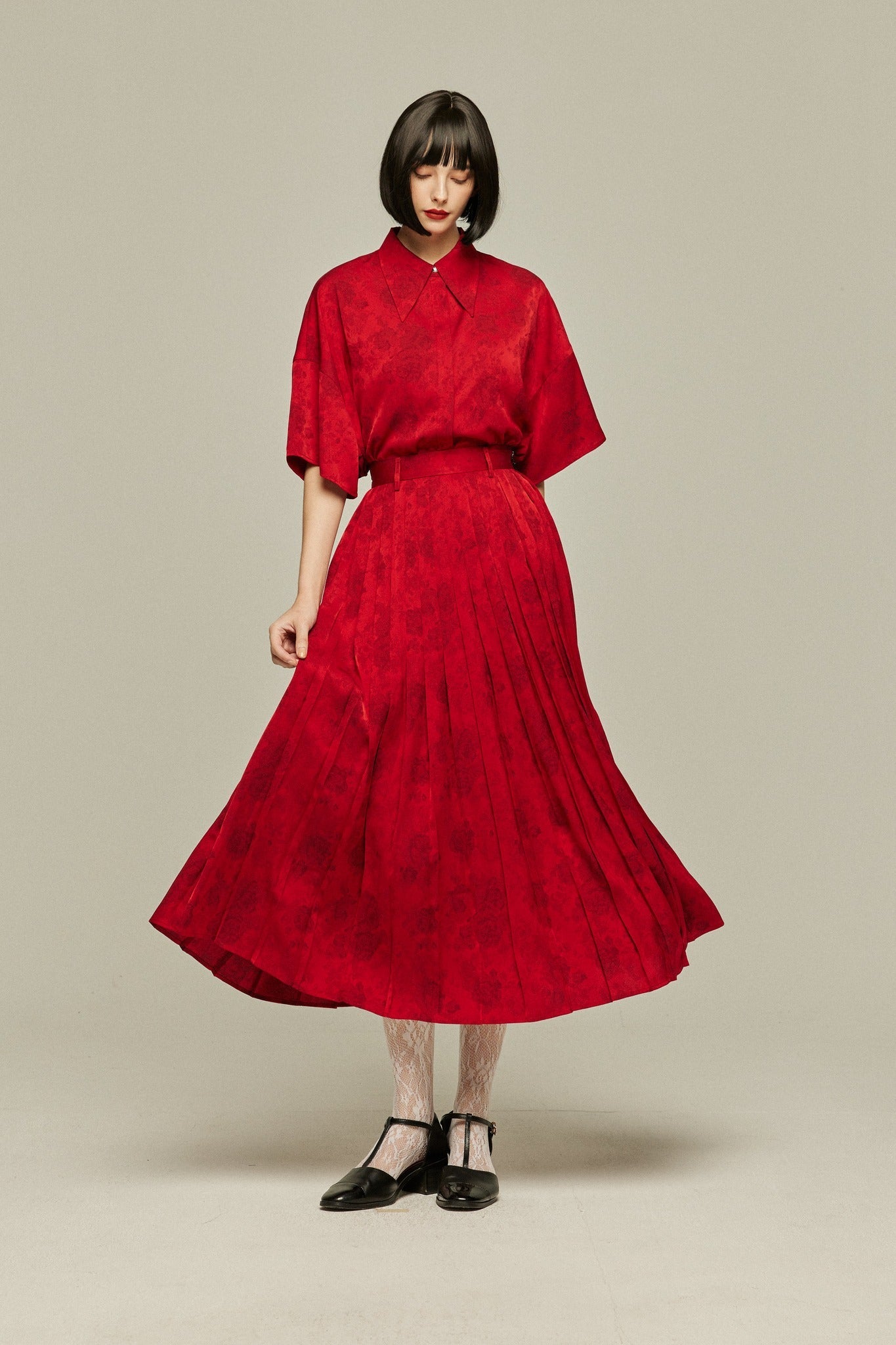 シノワズリハイウエストプリーツスカート-Red