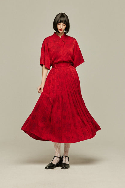 シノワズリハイウエストプリーツスカート-Red