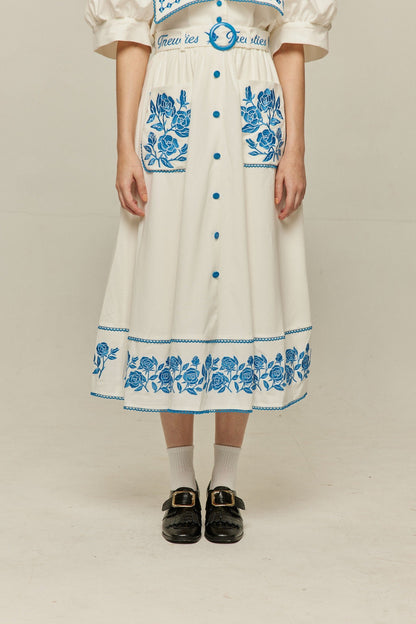 Soka Stroeエンブロイダリーハイウエストスカート-White