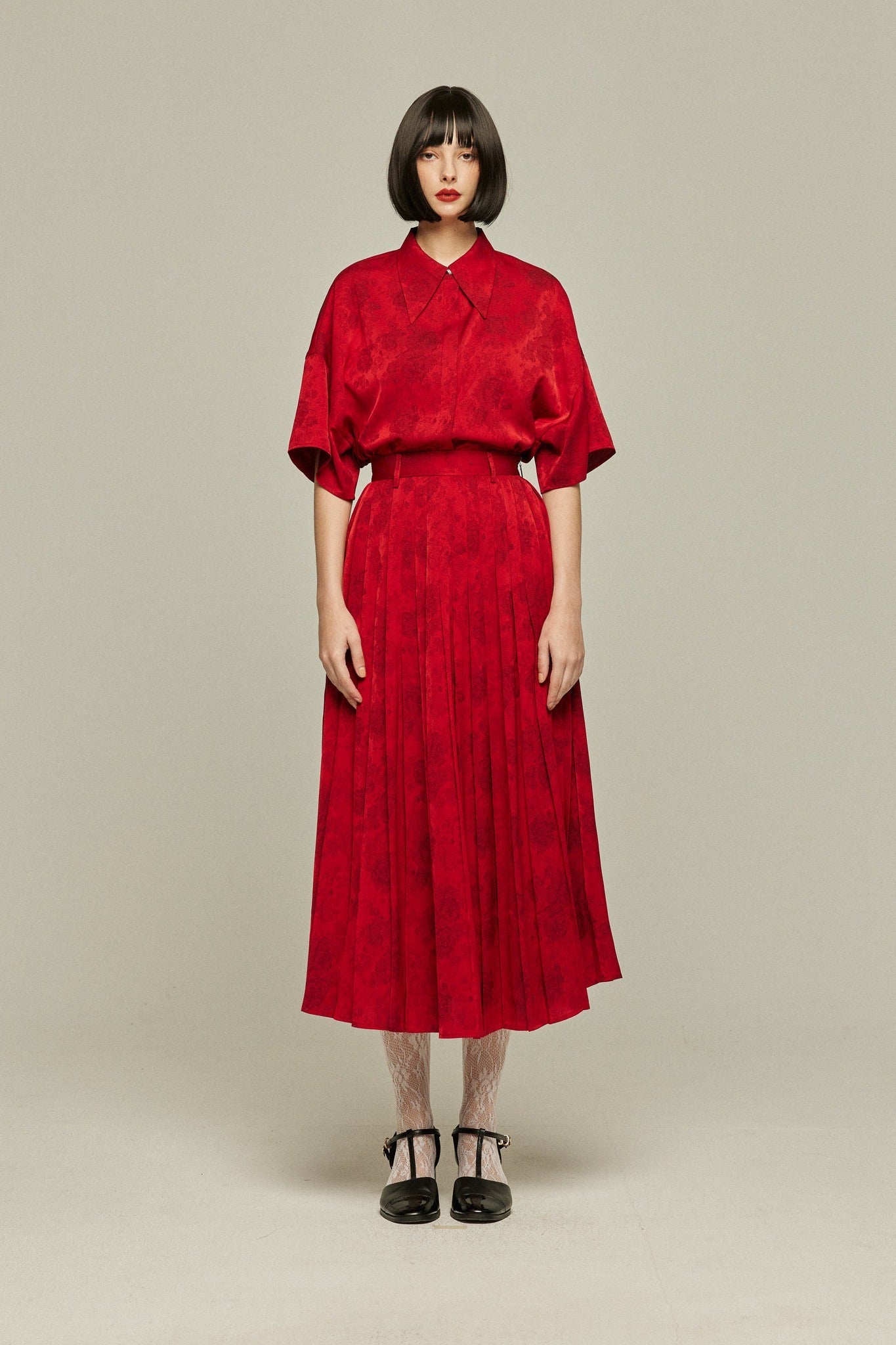 シノワズリハイウエストプリーツスカート-Red