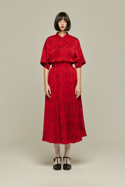 シノワズリハイウエストプリーツスカート-Red
