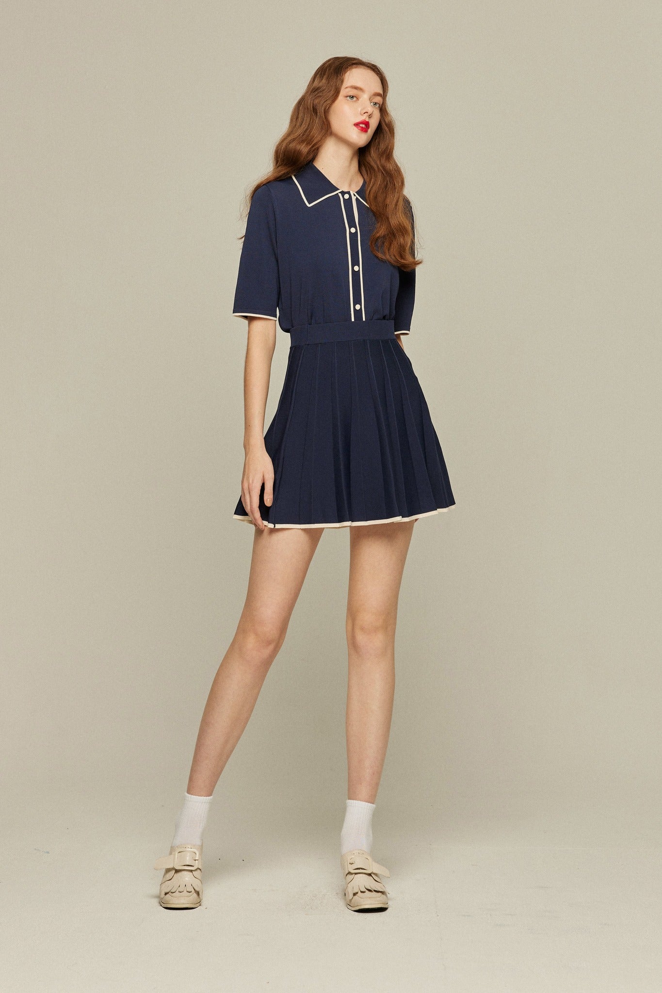 ハイウエストプリーツニットスカート-Navy