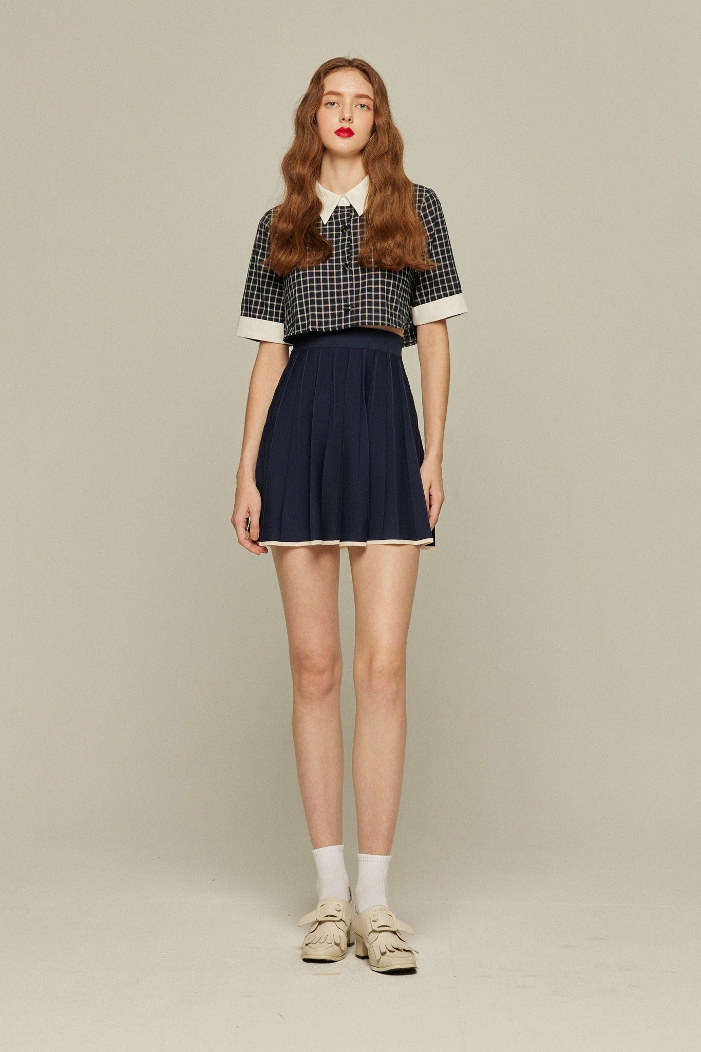 ハイウエストプリーツニットスカート-Navy