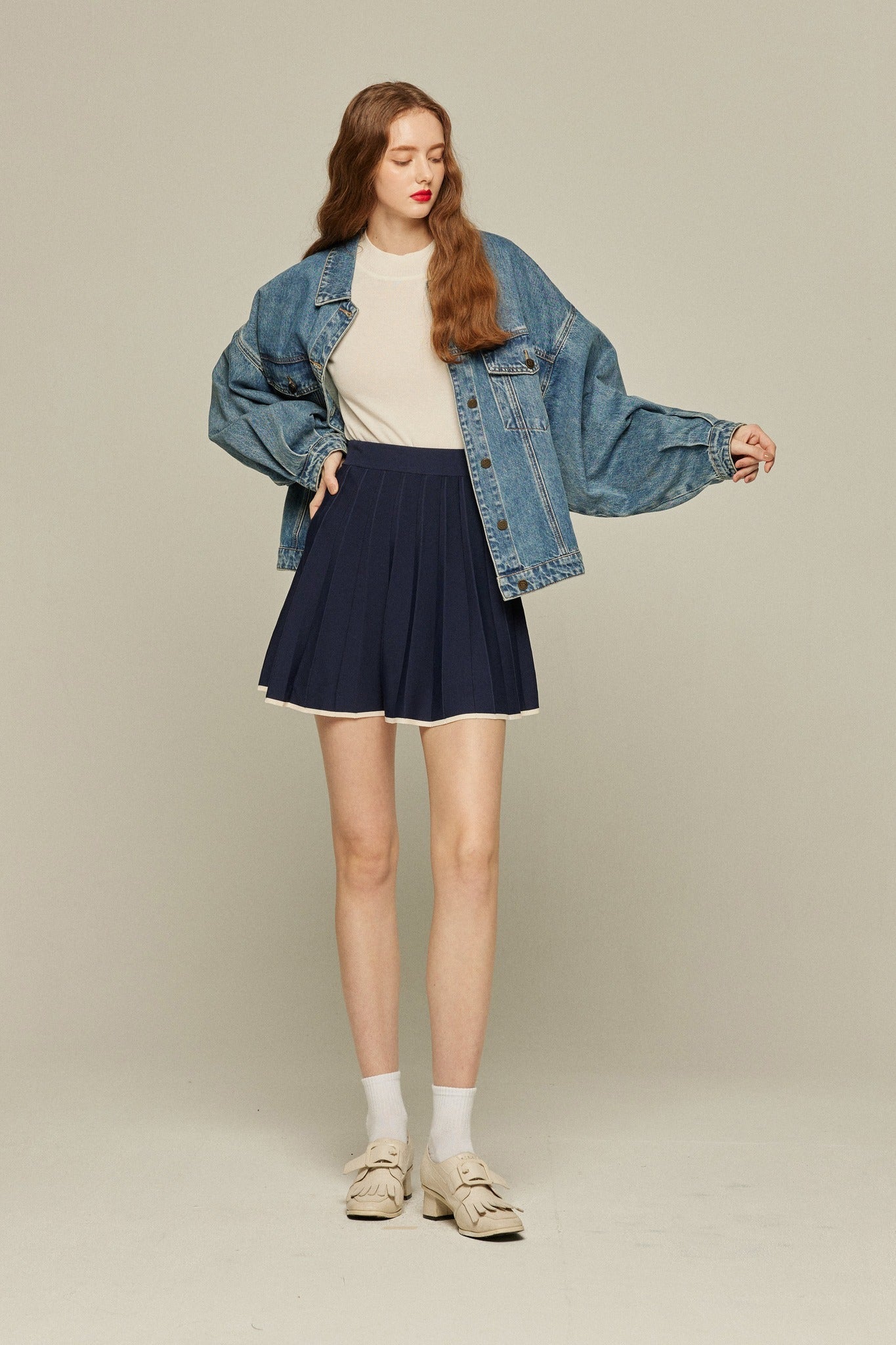 ハイウエストプリーツニットスカート-Navy