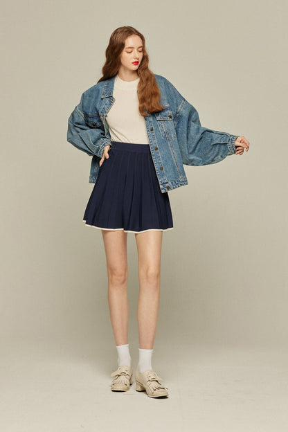ハイウエストプリーツニットスカート-Navy