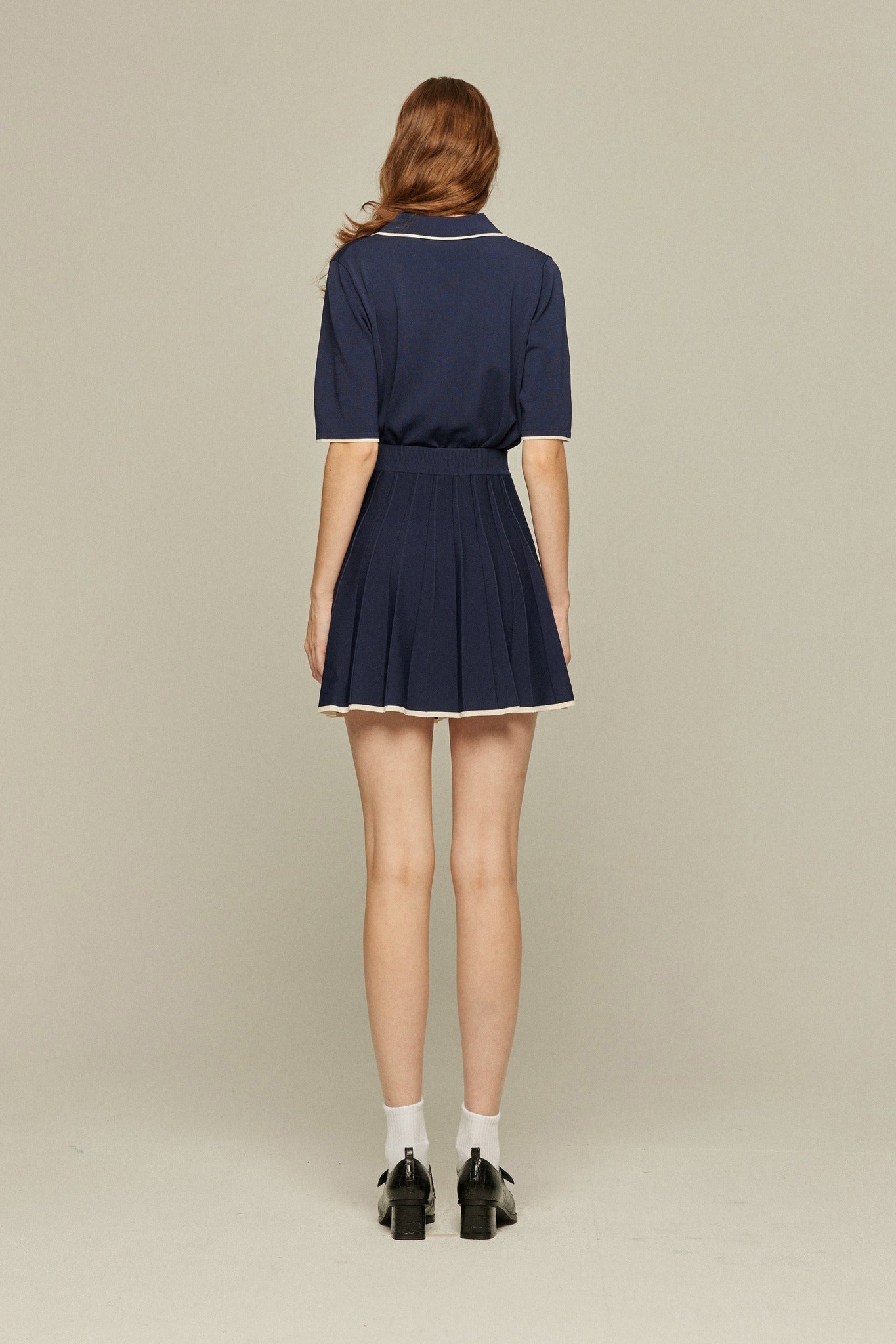 ハイウエストプリーツニットスカート-Navy