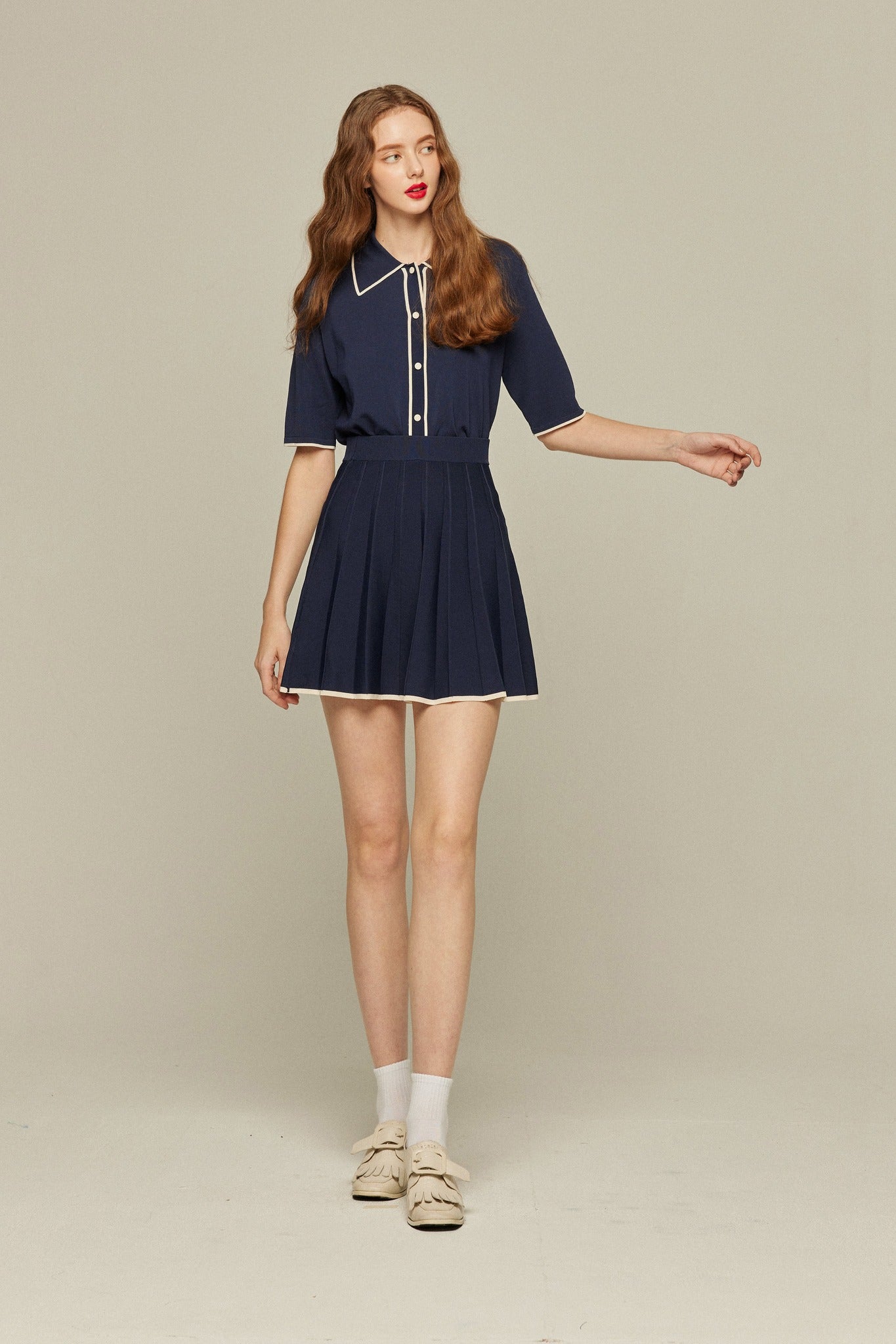 ハイウエストプリーツニットスカート-Navy