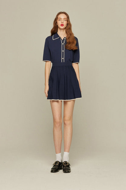 ハイウエストプリーツニットスカート-Navy