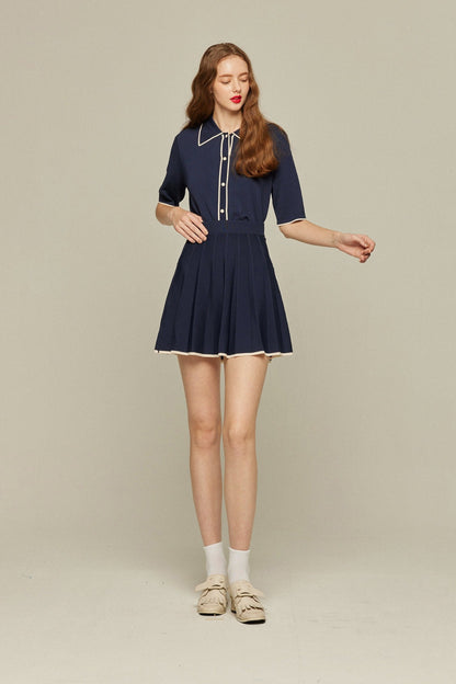 ハイウエストプリーツニットスカート-Navy