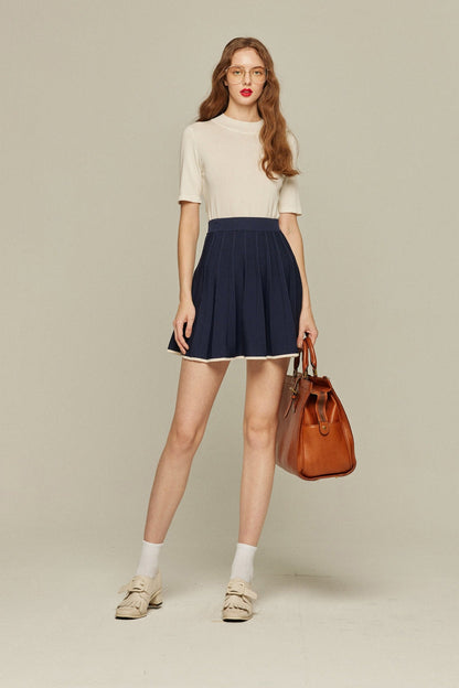 ハイウエストプリーツニットスカート-Navy
