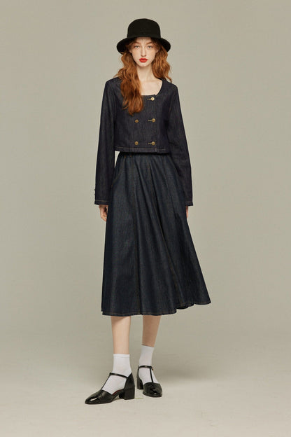 デニムダブルブレストトップス-Navy