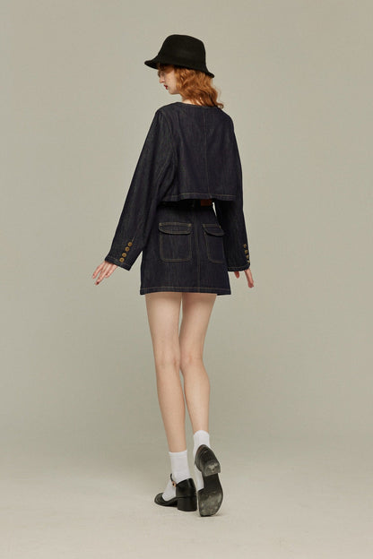デニムショートスカート-Navy