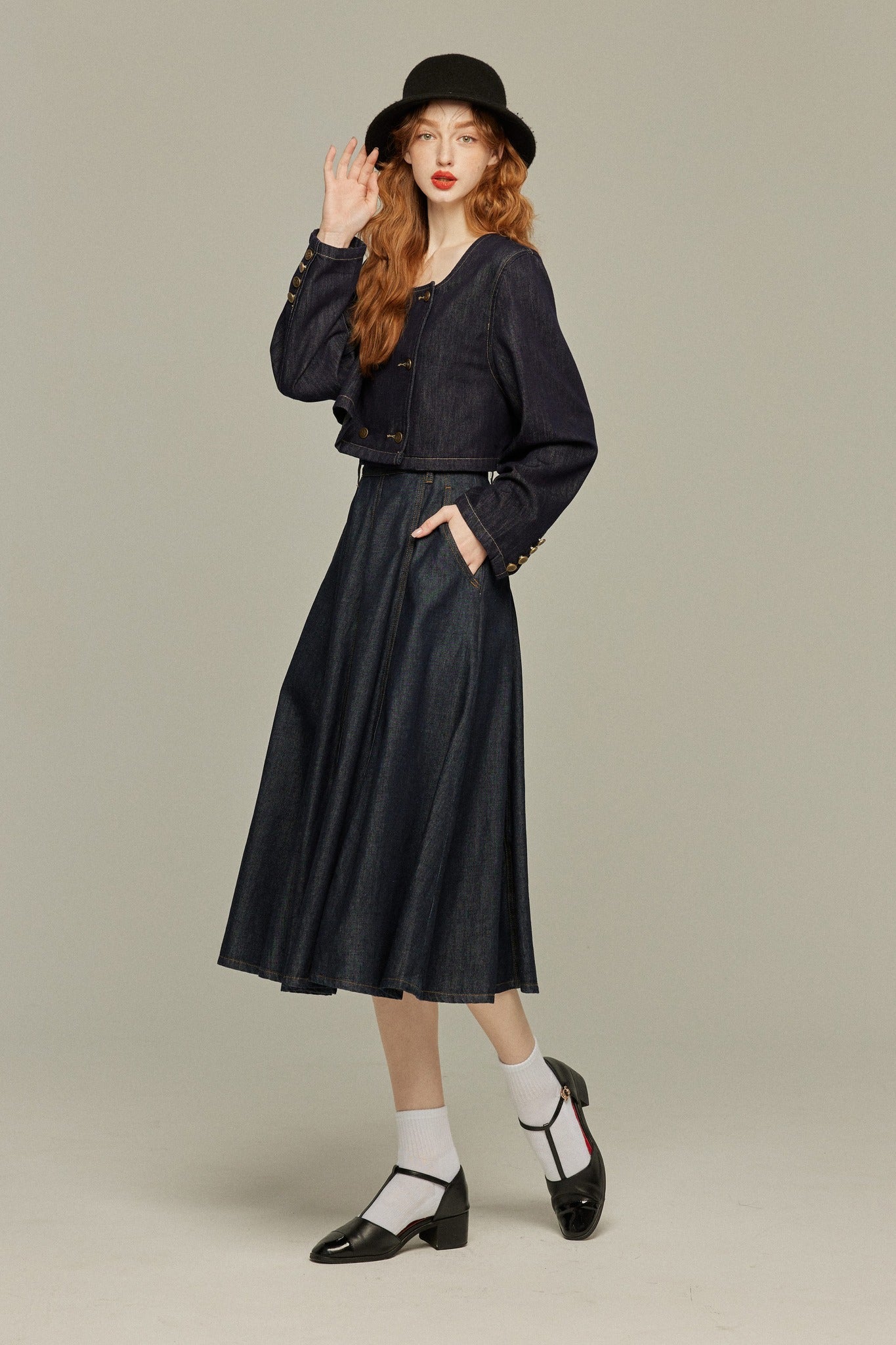デニムダブルブレストトップス-Navy