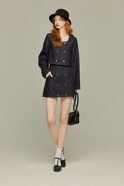 デニムダブルブレストトップス-Navy