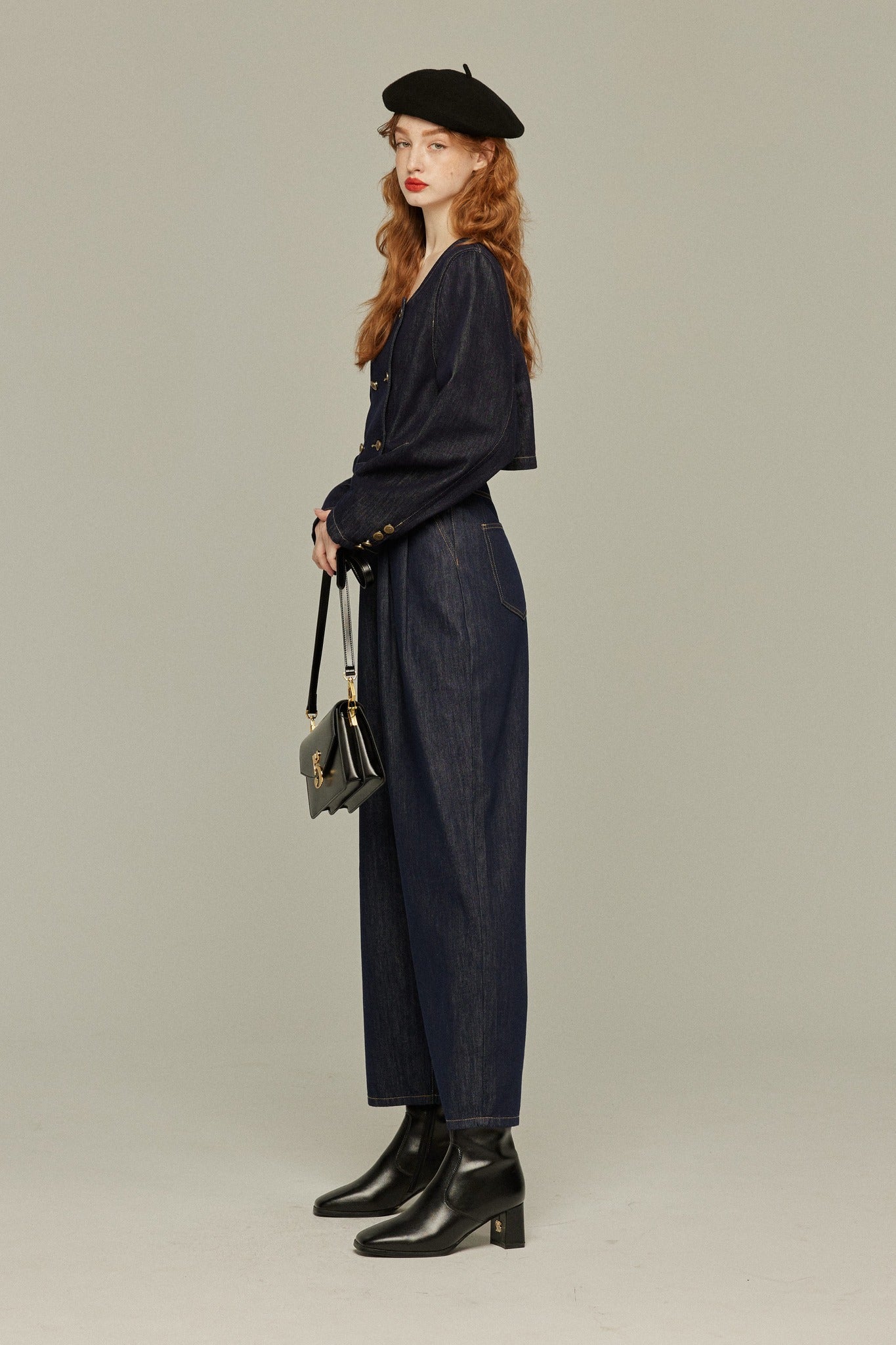 デニムダブルブレストトップス-Navy