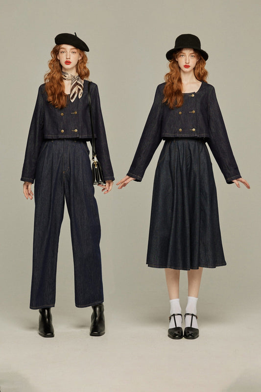 デニムダブルブレストトップス-Navy