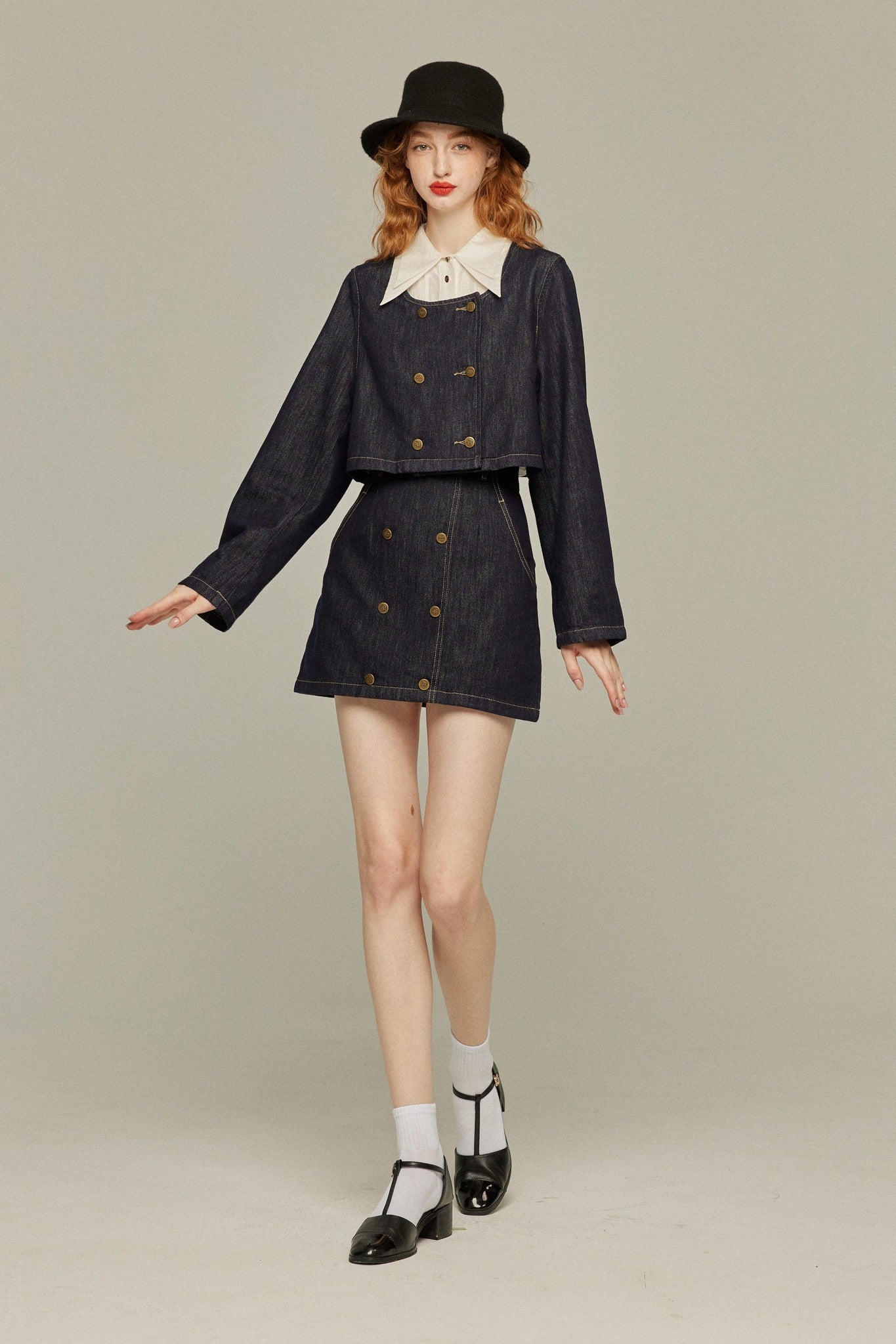 デニムダブルブレストトップス-Navy