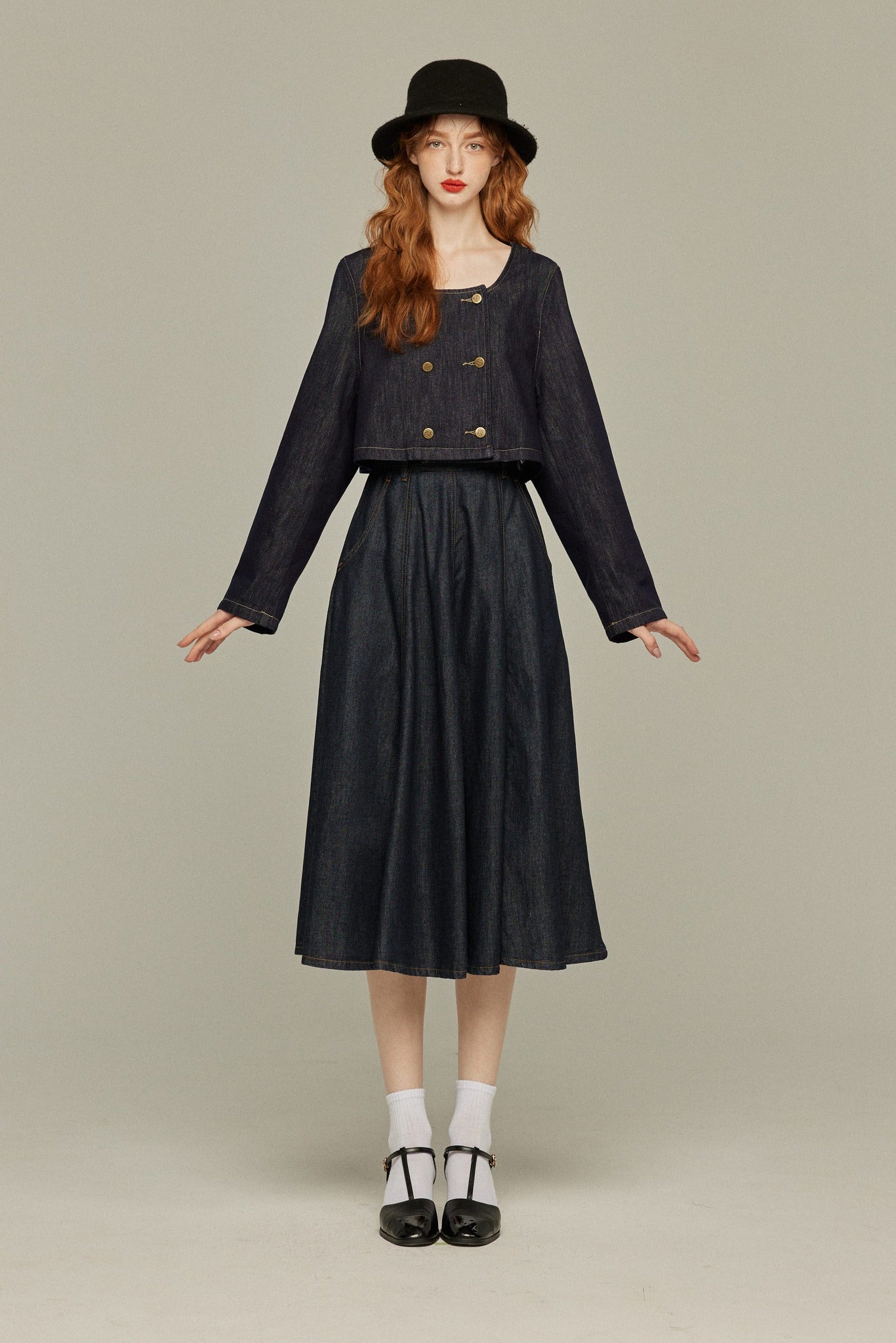 デニムダブルブレストトップス-Navy
