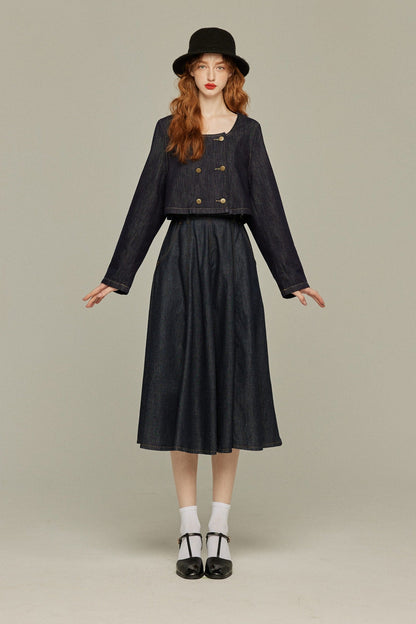 デニムダブルブレストトップス-Navy