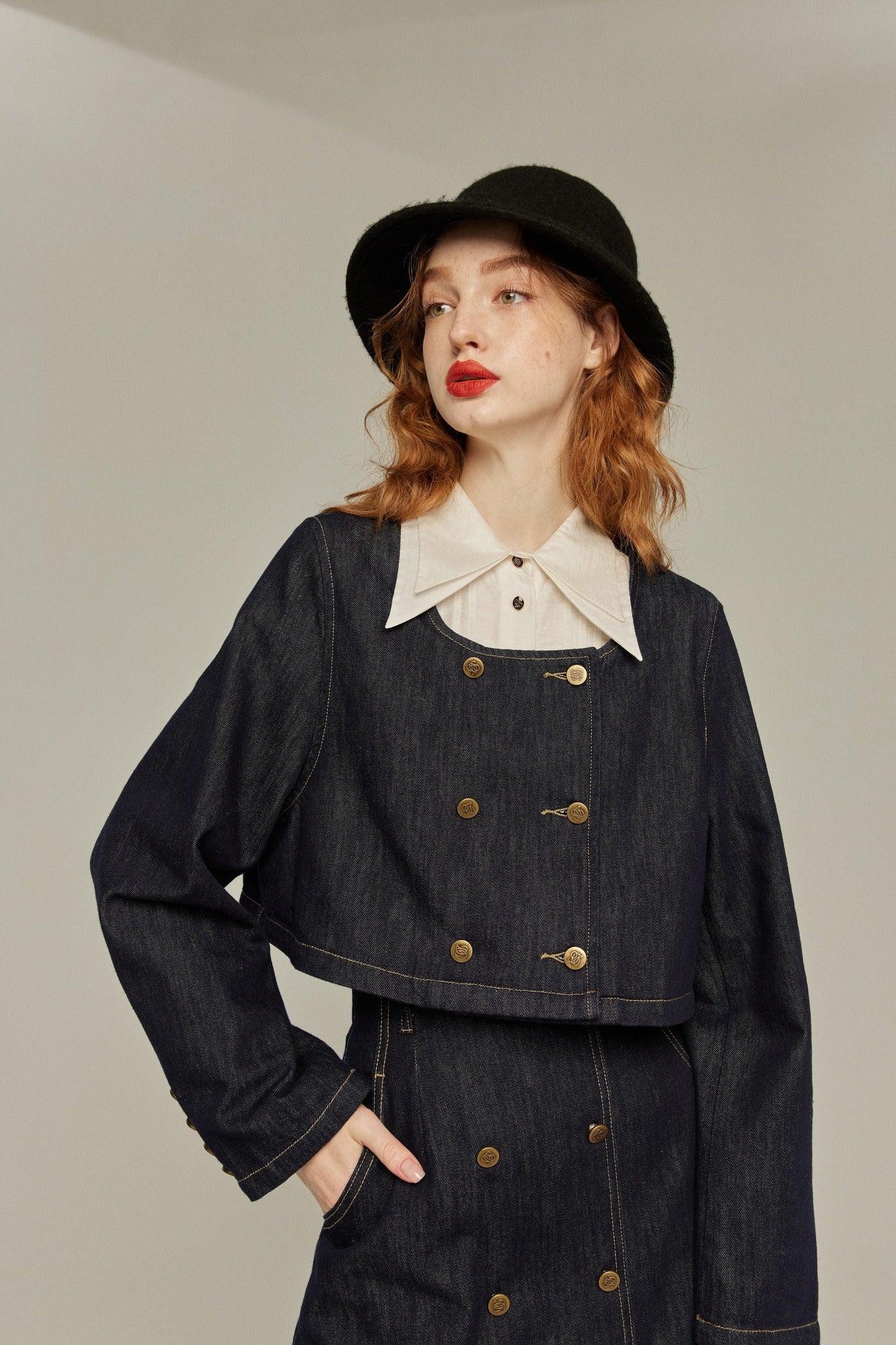 デニムダブルブレストトップス-Navy
