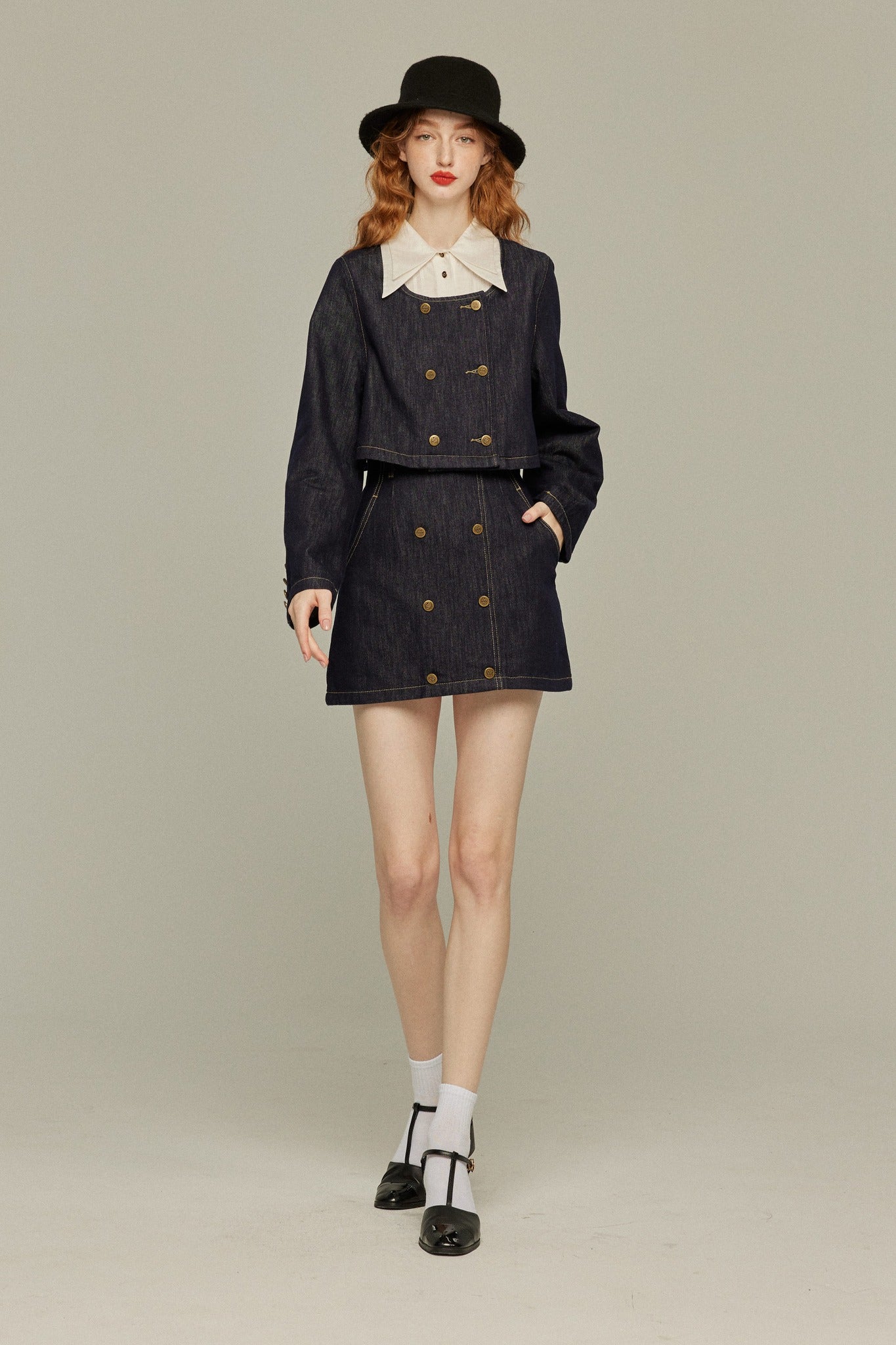 デニムダブルブレストトップス-Navy