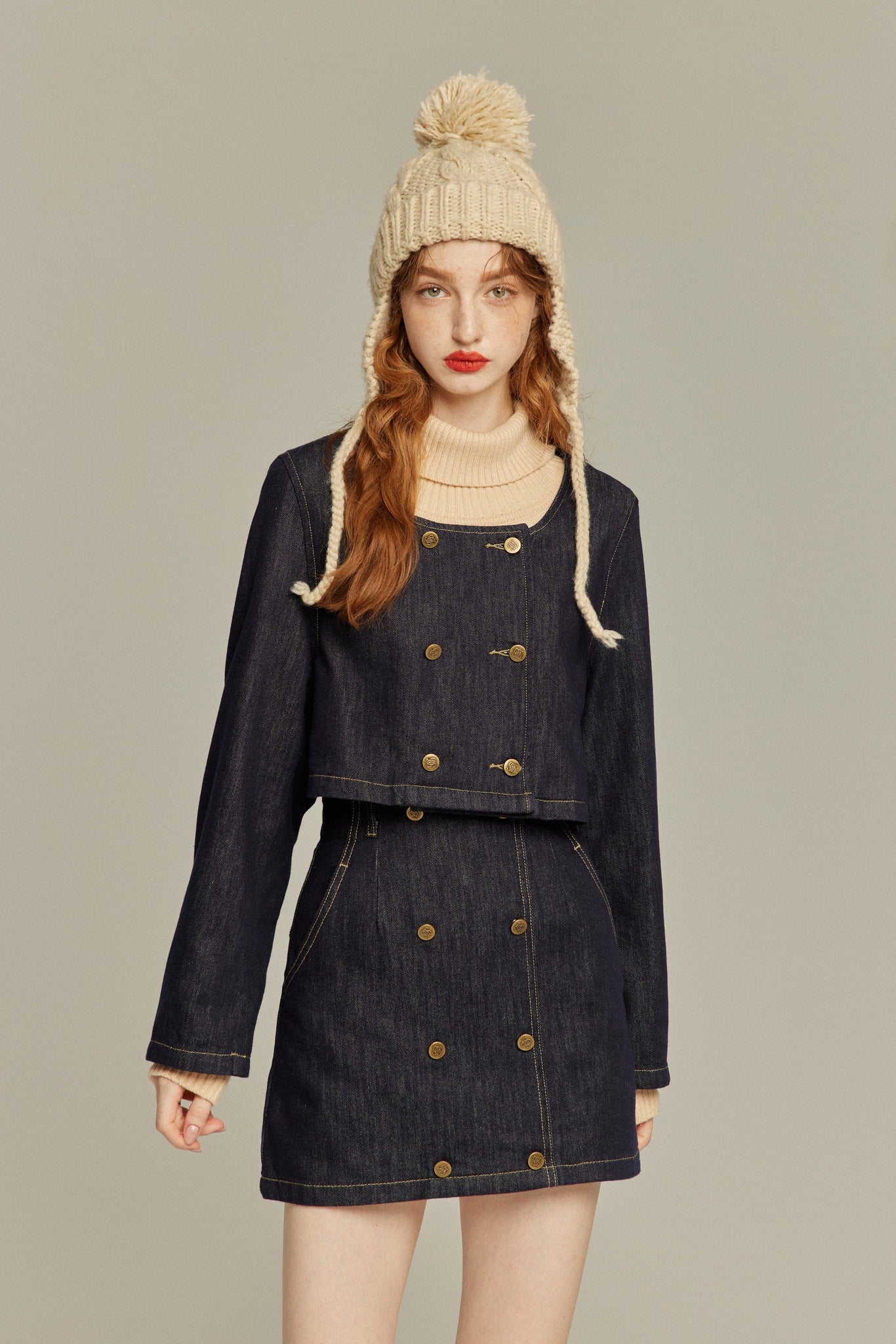 デニムダブルブレストトップス-Navy