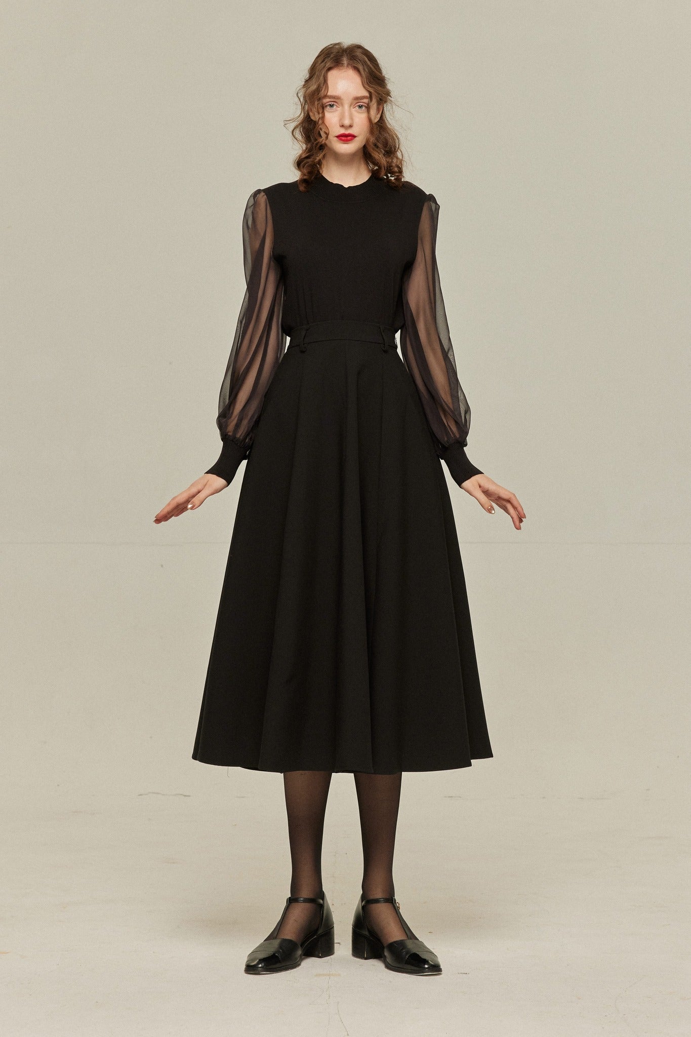 シースルースリーブニットトップ-Black