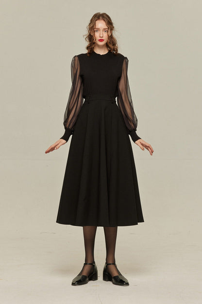 シースルースリーブニットトップ-Black