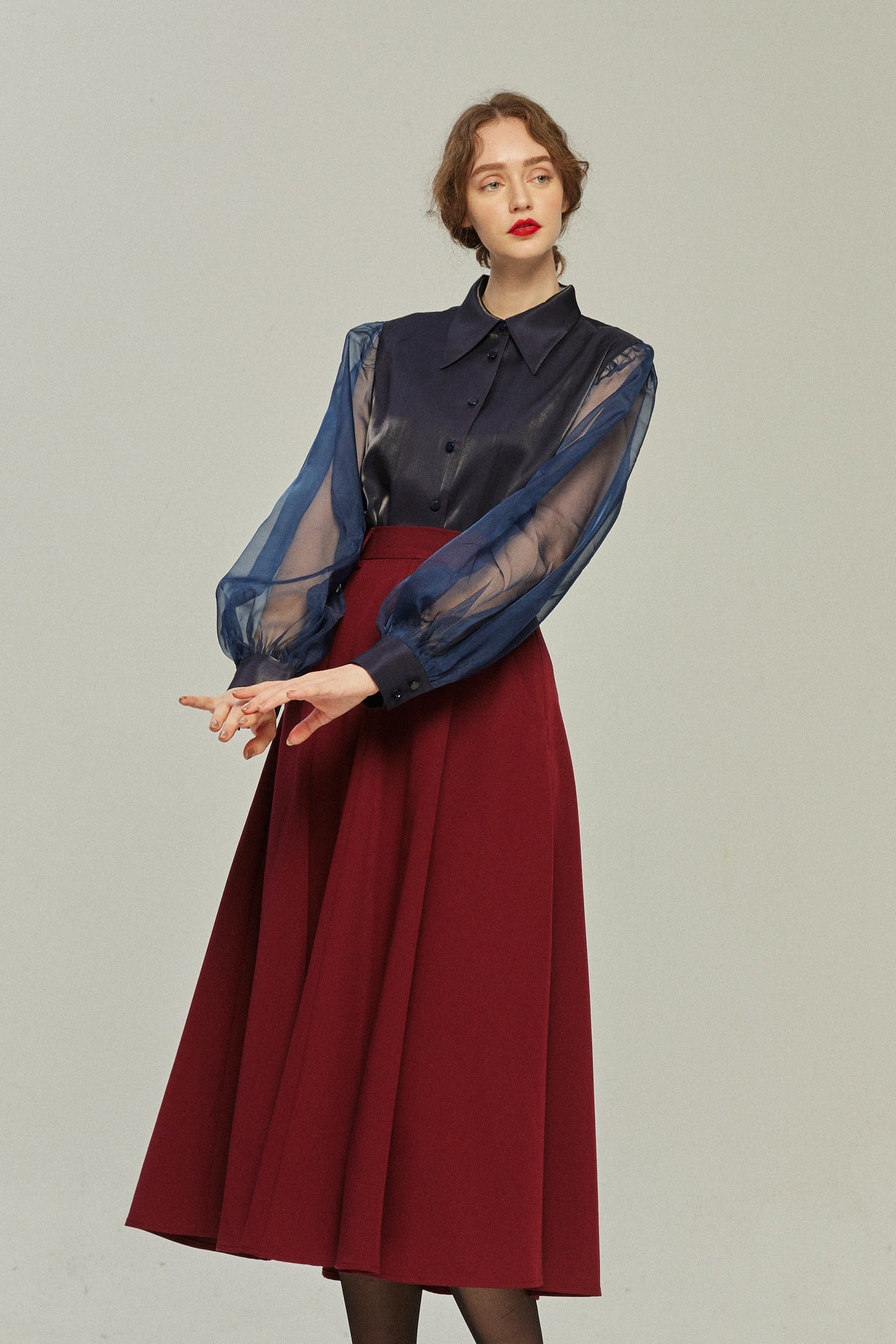 シースルースリーブブラウス-Navy