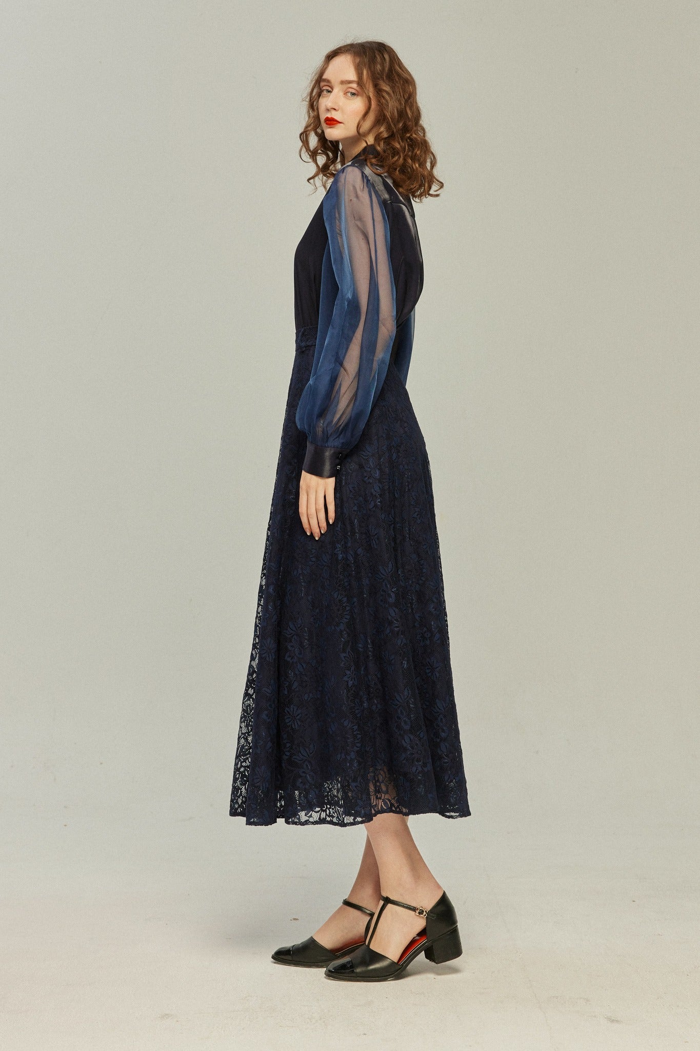 シースルースリーブブラウス-Navy