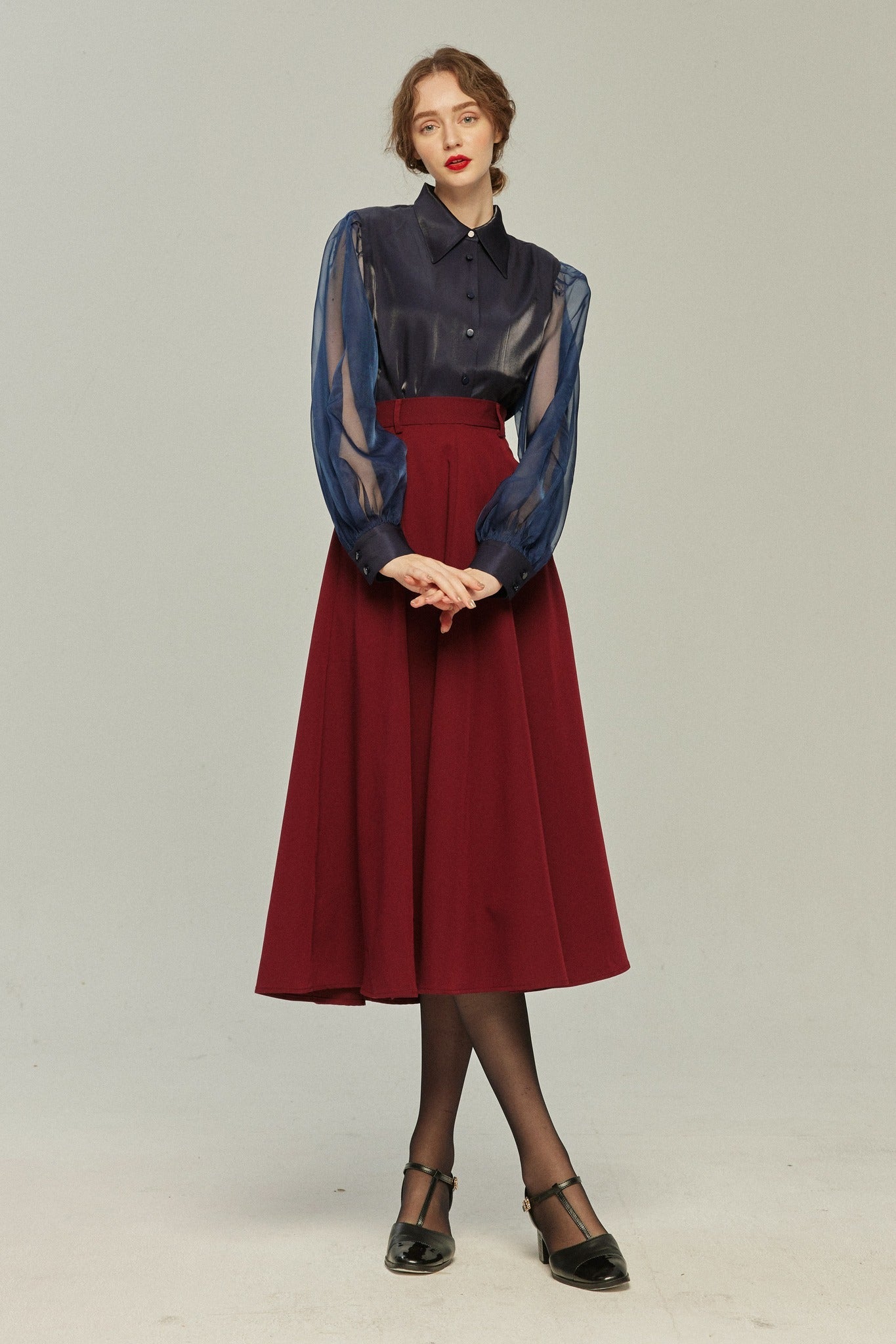 シースルースリーブブラウス-Navy