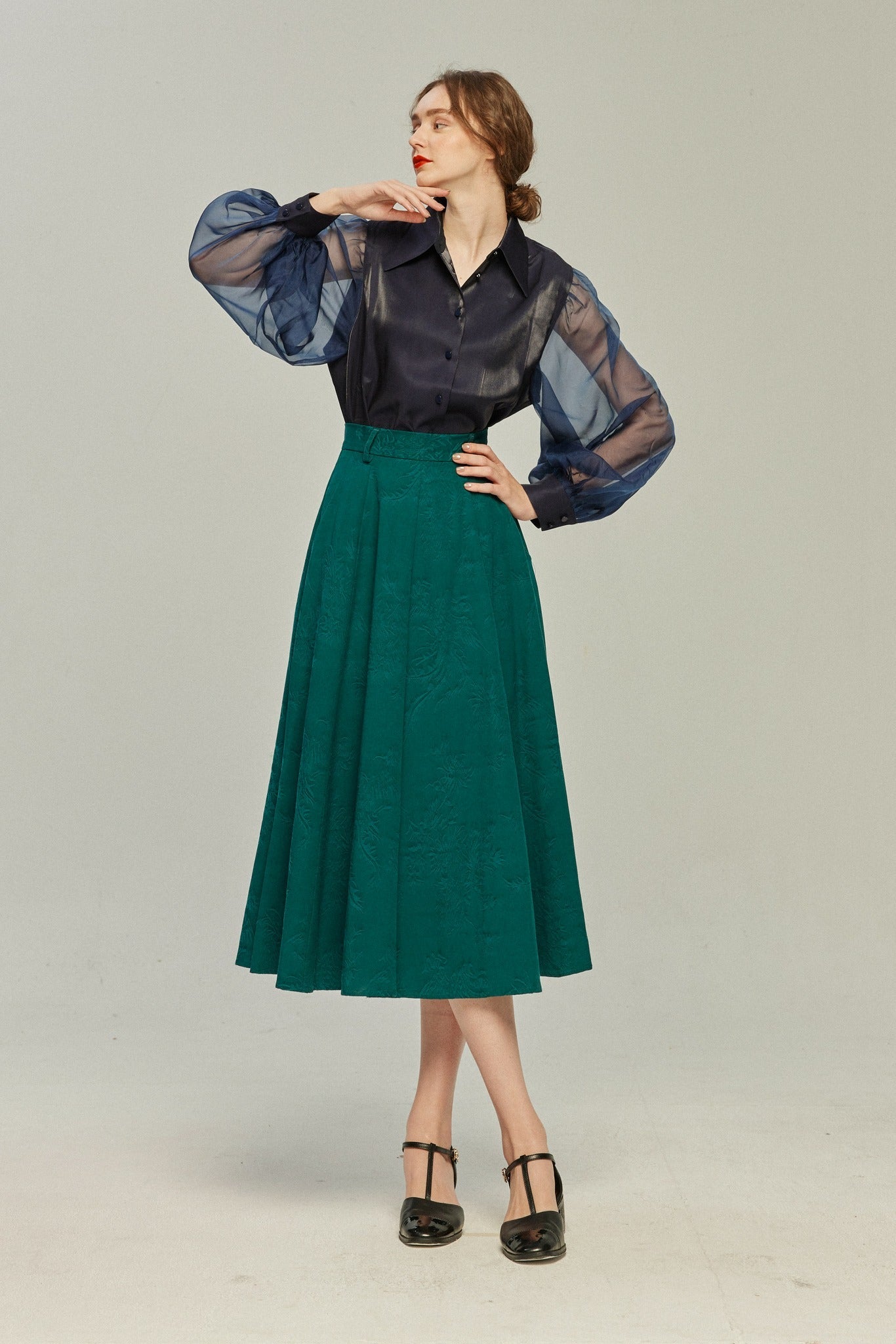 シースルースリーブブラウス-Navy