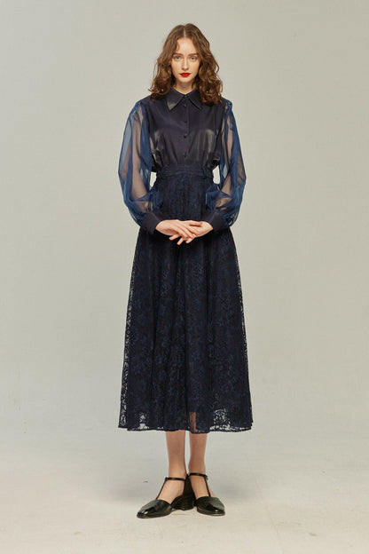 シースルースリーブブラウス-Navy
