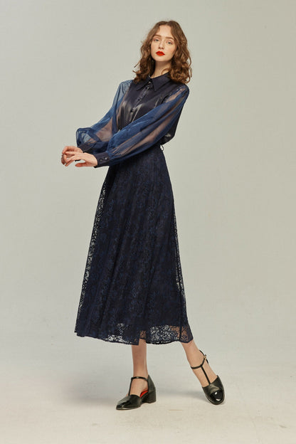 シースルースリーブブラウス-Navy