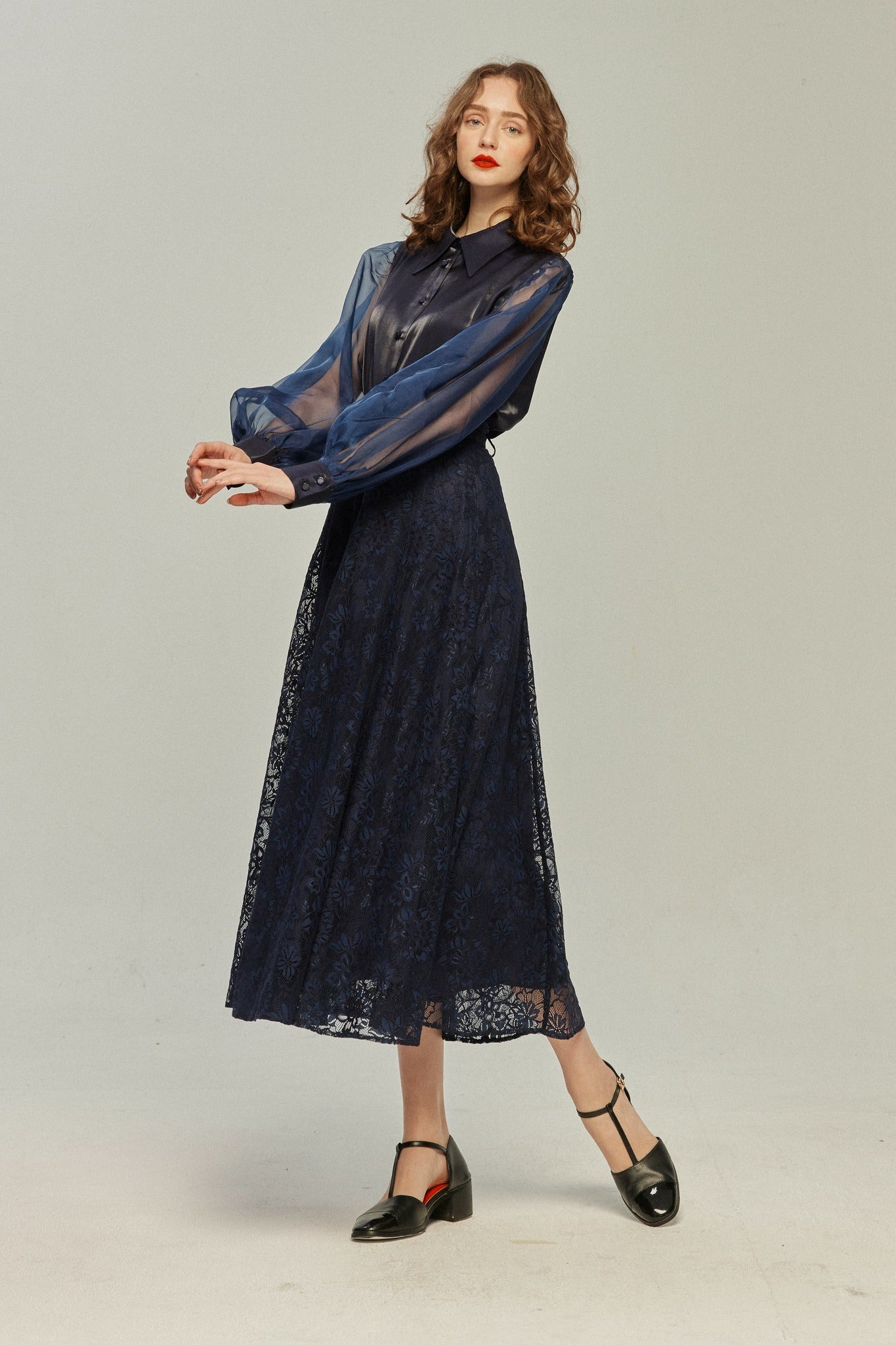 ハイウエストフレアレーススカート-Navy